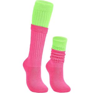 Komorebi Slouch Socks Women's Leg Warmers Cotton Knee High Soft Knit Boot Socks Colorful Scrunch Size 9-11 (Mix Neon Pink&neon Green)