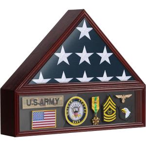 Flag Case for 3x5 FT Flag, 3'x5' American Flag Display Case Red Wood Memorial Flag Veteran Military Medal Pins Shadow Box with Acrylic Covered and Wall Mounted (Not for Burial Flag Size)