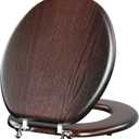 Round Wood Toilet Seat Support 400 lbs, Heavy Duty Wooden Toilet Seat with Natural Wood Veneer for Bathroom, Dark Walnut Toilet Lid with Chrome Hinges, Grip-Tight Bumpers, Easy Clean, Easy Install