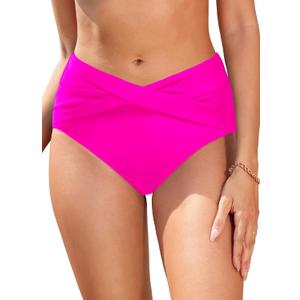 Women Full Coverage Bikini Bottom - V Cut Bathing Suit Bottoms Mid Waist Twist Front Swimsuit Bottom Swimwear 2025 (Small, Hot Pink)