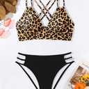 Tainehs Women's Push Up V Neck Bikini Sets Criss Cross Back Two Piece Bathing Suit (Black, M)