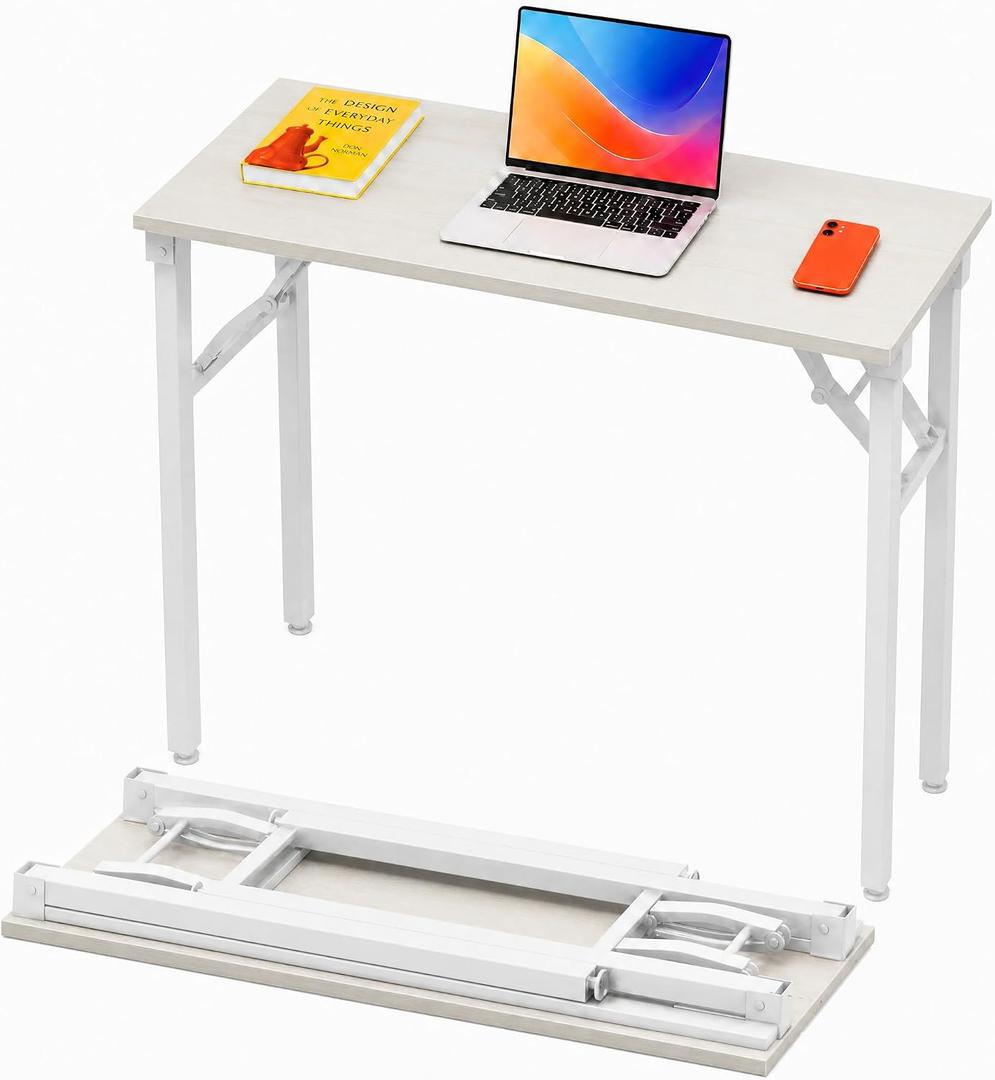Folding Table Computer Desk - 35.8" No Assembly Folding Desk Design and Foldable Office Desk, Small Desk for Bedroom, Compact Storage Portable Use for Dorm and RV Small Space, White Ash
