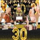 30th Birthday Decorations for Him Her with 30th Birthday Banner, Black and Gold Table Cloth, Number Balloons, Large Sash, Cake Topper and Candles