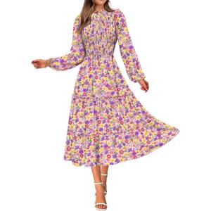 NOLLSOM Women 2026 Spring Dress Floral Boho Dress Casual Long Sleeve Crew Neck Ruffle A-Line Flowy Wedding Guest Maxi Dresses (L)