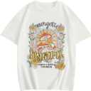 Girl's Drop Shoulder Letter Star Print Tee Tops Loose Short Sleeve Crew Neck T Shirts (White)