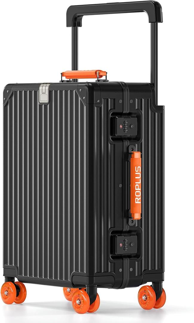 ROPLUS Aluminium Frame Carry on Luggage with Smooth Jelly Wheels, Hardside Zipperless Rolling Suitcase with TSA Lock (BlackOrange, 21-Inch)