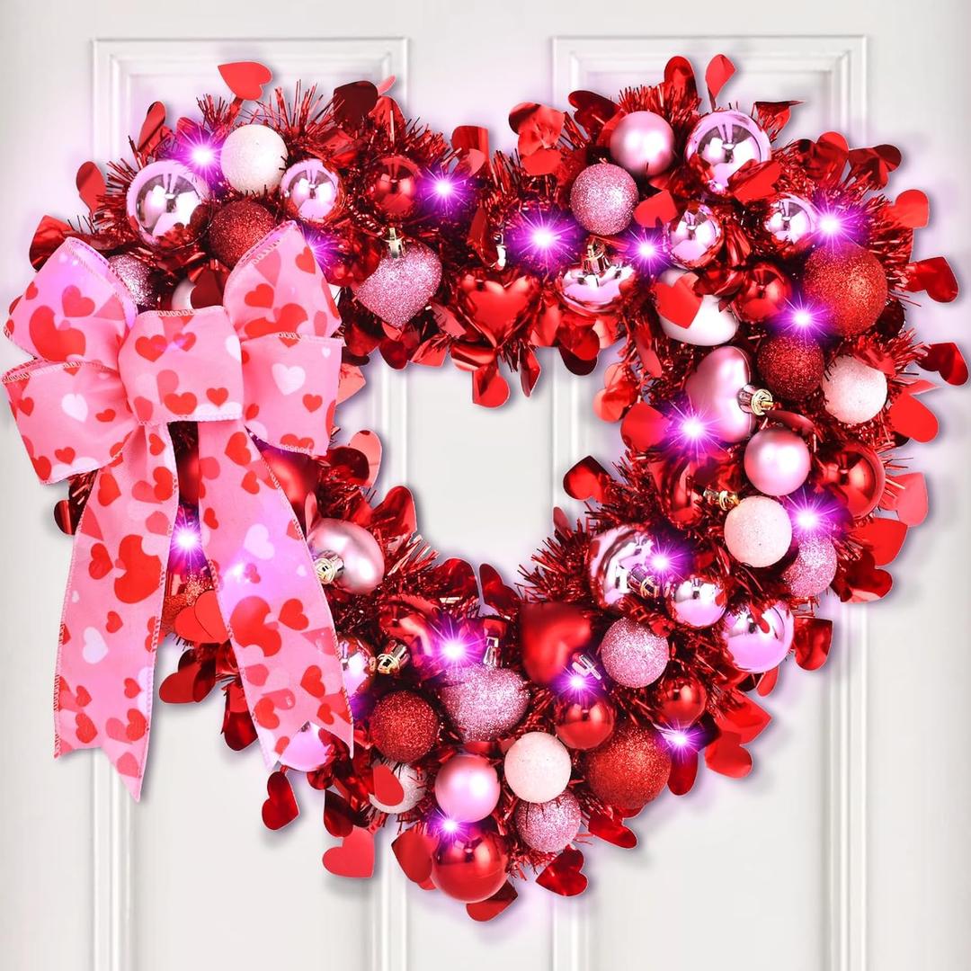 Waipfaru 14.2'' Valentines Day Wreath, Heart Wreaths for Front Door, Red Pink White Valentine Wreath Decorations with Bowknot Lights for Valentine's Home Wedding Party Wall Window Gifts Decor