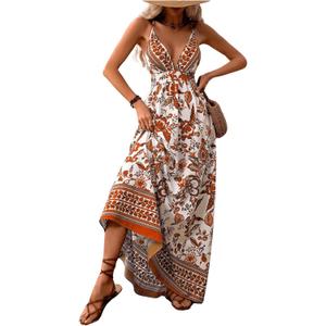MakeMeChic Women's Summer Backless Dress Vacation Maxi Sundress Boho Floral Print V Neck Flare Cami Dress Yellow Small