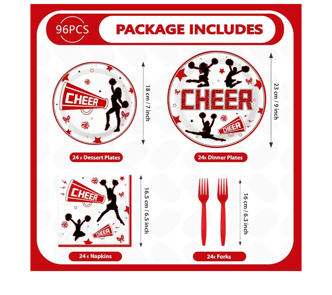 96Pcs Cheer Party Decorations Cheerleader and Loudspeaker Plates and Napkins Red Black White Sports Gymnastics Tableware Set for Girls' Cheer Birthday Ceremony Graduation Party Supplies Serves 24