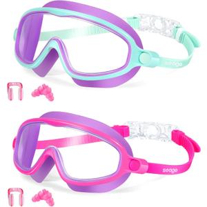 Kids Goggles for Swimming 2 Pack No Leaking Anti-Fog Outer Eye Fit with Wide View UV Protection Crystal Clear Watertight Swim Goggles with nose cover Suitable for Children Youth Boys Girls Age 3 to 14