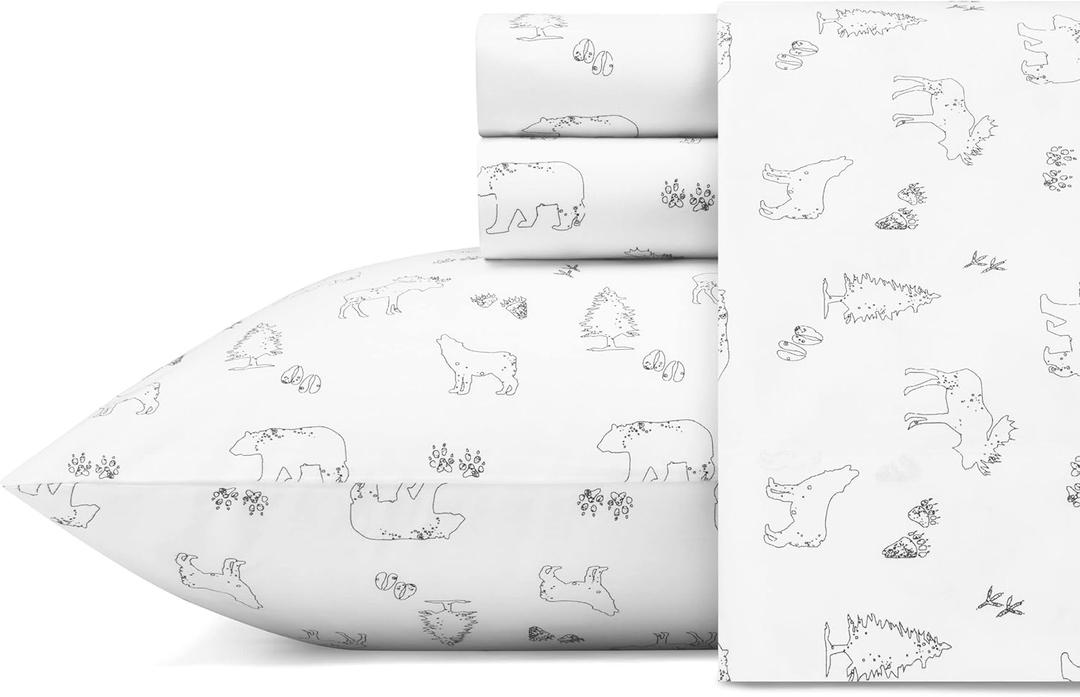 Eddie Bauer - Twin Sheet Set, Cotton Percale Bed Sheets, Crisp & Cool Bed Sheets, Ideal Dorm Essentials (Animal Tracks White, Twin)