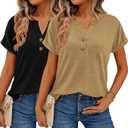 Women Tops Shorts Sleeve Shirts V Neck Henley Tops Spring Summer Trendy Casual Blouses Vacation Loose Tees Clothes 2026, XL