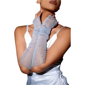 Floerns Women's Rhinestone Sparkly Fingerless Gloves Mesh Sheer Wedding Arm Gloves (Grey)