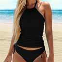 LVZIJUN Women's Tankini Sets Two Piece Bathing Suits Halter Neck Tummy Conrol Tankini Swimsuits Solid Color Thong Bottom (Medium, Black)
