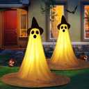 2 Packs Halloween Ghost Outdoor Decorations, 59 Light Up Ghost Decor with Remote Control, Adjustable Height Standing Halloween Lighted Ghost Kit with Witch Hat Ideal for Porch, Garden, Yard