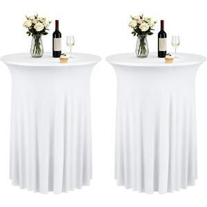 2 Pack 32 x 43 Inch Round Spandex Cocktail Tablecloths with Skirt Fitted Elastic Cocktail Tablecloth for High Top Bar, Wedding, Party, Events, White