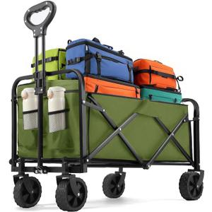 Collapsible Wagon 220 lbs, Heavy Duty Wagon Carts Foldable, Portable Wagons for Groceries, Beach Cart with All-Terrain Wheels & Drink Holders, Utility Wagons for Shopping, Sports, Camping, Green