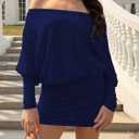 Women's Off The Shoulder Batwing Long Lantern Sleeve Draped Bodycon Mini Dress Sexy Ruched Party Dresses for Date Night-Dark Blue-XL