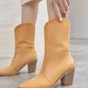 Coutgo Womens Cowboy Mid Calf Boots Chunky Block Heel Pointed Toe Suede Western Cowgirl Boots (6, Khaki)