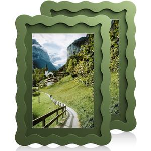 5x7 Wavy Picture Frame With Mat For 4x6, Wavy Edge Wooden Picture Frame with Real Glass - Wall Mount and Tabletop Display, Green, 2 Pack
