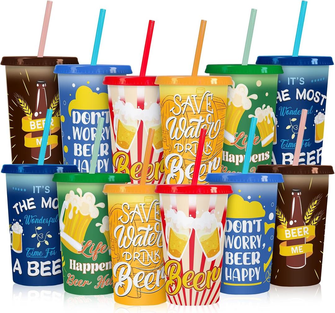 Jansun 12pcs Beer Funny Quotes Color Changing Cups with Lids and Straws 12Oz Reusable Plastic Cups for Oktoberfest Party Favors Goodie for Home Kitchen Office Bar Supplies