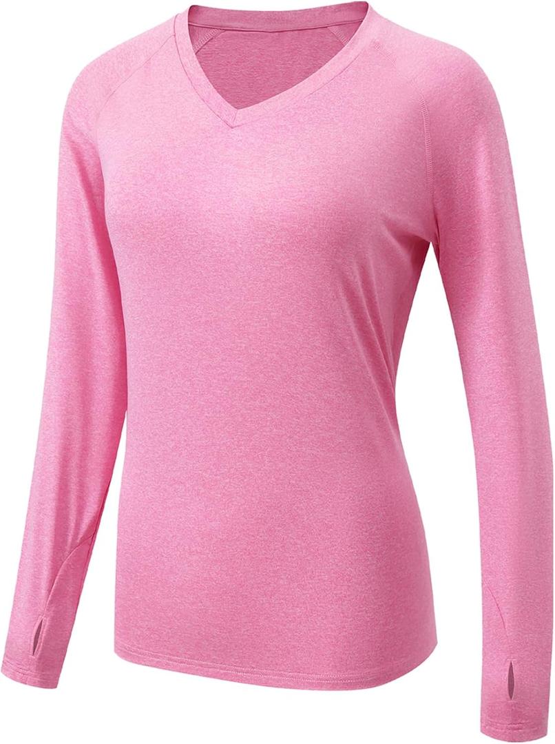 HISKYWIN Women's Quick Dry Shirts UPF 50+ Sun Protection V-Neck Long Sleeve Athletic Workout Tops (XX-Large, V Neck-azalea Pink Heather)