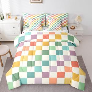 Feelyou Multicolored Checkered Retro 7 Piece Bedding Set Kids Boys Geometric Vintage Comforter Set with Sheets Twin Size Green Yellow Colorful Bed in a Bag Modern Simple Groovy Aesthetic Room Decor