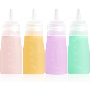 Condiment Squeeze Bottles, 12 oz Silicone Squeeze Bottles For Sauces, Leak Proof Condiment Containers with Extra Interchangeable lid, Easy Squeeze for Oil, Honey & Dressings, BPA FREE (4 Pack) (Pink)