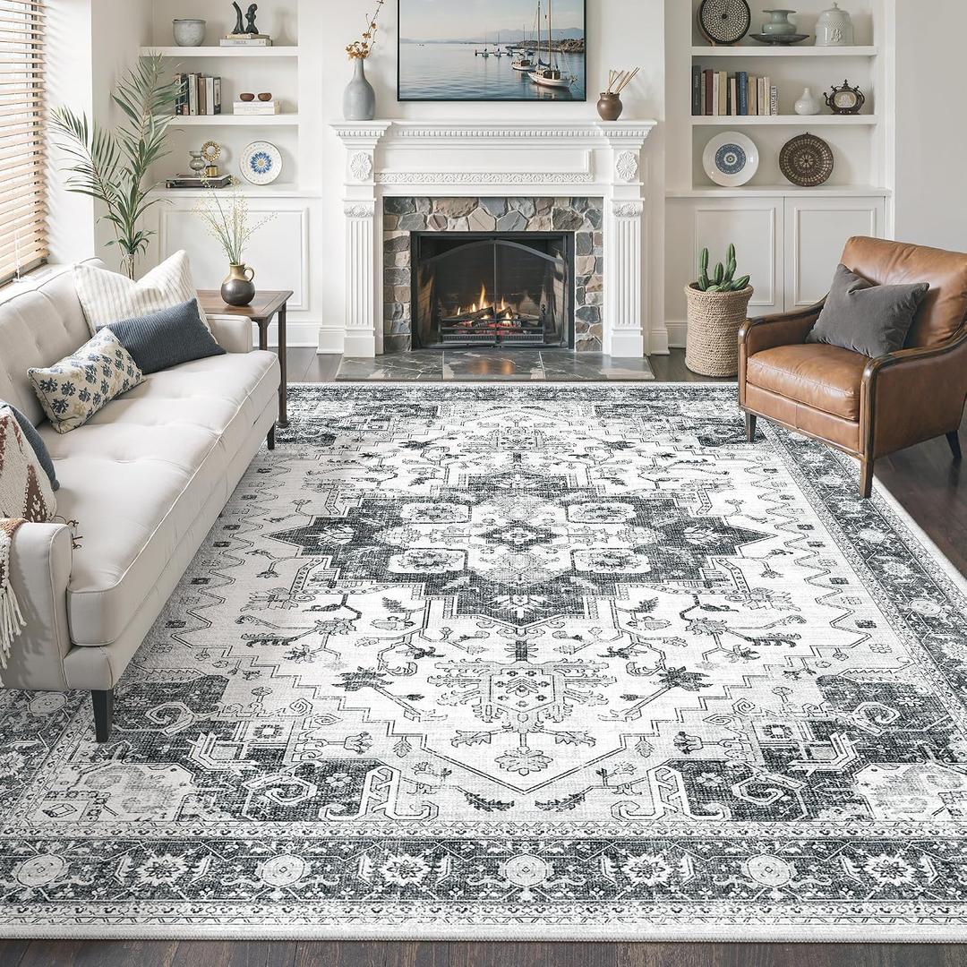 befbee Washable Area Rug 8x10, Area Rugs Stain Resistant Neutral Washable Rugs for Living Rooms Bedroom Vintage Non-Slip Thin Large Size Area RugGrey