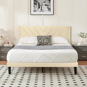 Full Size Platform Bed Frame with Velvet Headboard, Wing Edge, Sturdy Wooden Slats, Noise-Free, No Box Spring Needed, Easy Assembly, Beige