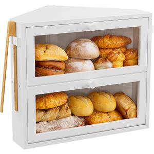 WOWLIVE Corner Bread Box for Kitchen Countertop, Large Double Layer Bread Storage Container for Homemade Bread, Black Bread Holder for Kitchen Counter, Under Cabinet Organizer (White, Medium)