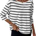 LilyCoco Womens 3/4 Length Sleeve Tops Striped Boat Neck Shirt Frenchy Cotton Tees White Small (S)