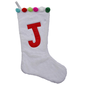 Holiday Home White Plush and Pom Poms Stocking