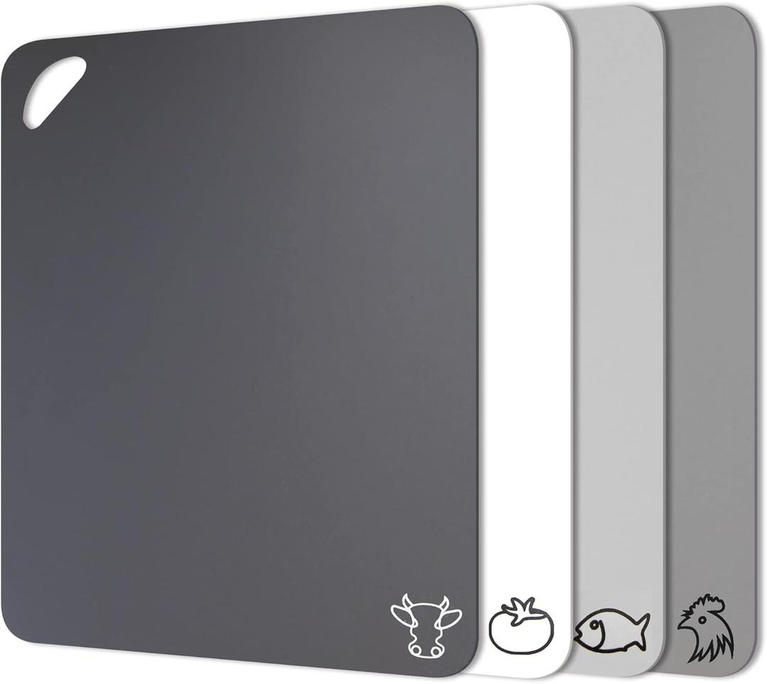 Fotouzy Plastic Cutting Boards with Food Icons, Set of 4, Flexible Cutting Mats with Hole, BPA-Free, Non-Slip and Dishwasher Safe, Modern Neutral Colors (Gray)