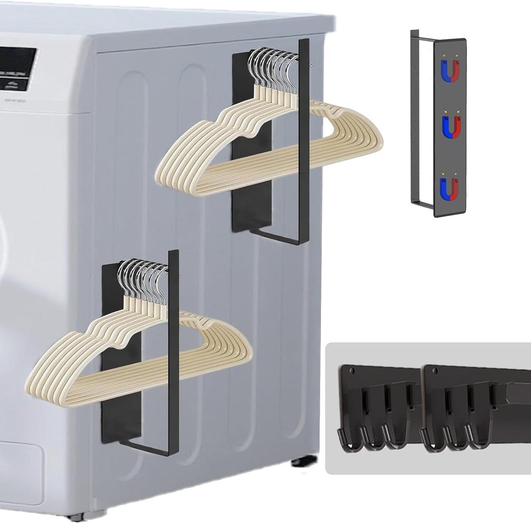 Magnetic Hanger Organizer for Laundry Room - Strong Magnetic Shelf for Washer & Dryer, Space-Saving Durable Metal Hanger Holder Stand (2 Black, Non-Slip)