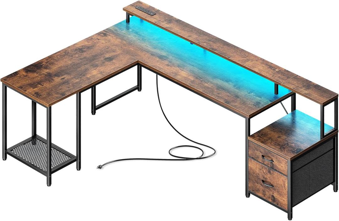 PRAISUN 66" L Shaped Gaming Desk with LED Lights & Power Outlets, Computer Desk with Fabric Drawers and Print Stand, Corner Office Desk, Monitor Stand, Mesh CPU Stand, Rustic Brown