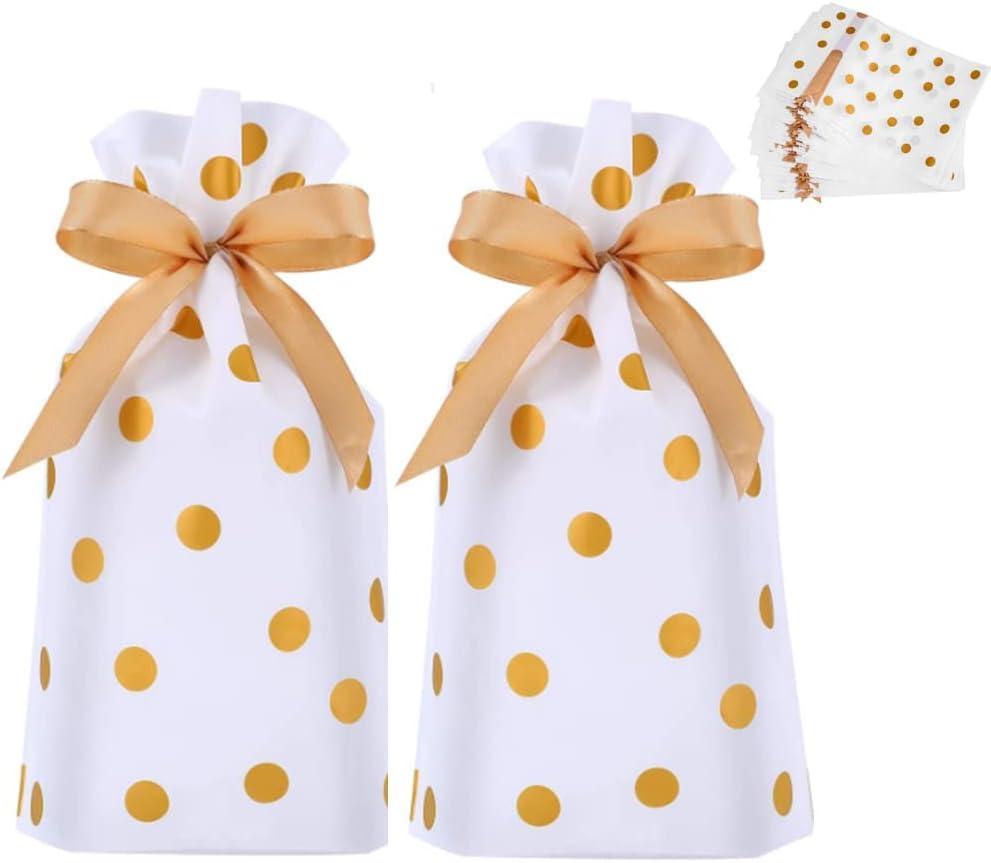 KUPOO 50Pcs Candy Cookies Plastic Drawstring Gift Bags 6X9 Inch Gold Dot Treat Bags for Birthday Party Wedding Festival Gift Wrapper (Gold Dot)