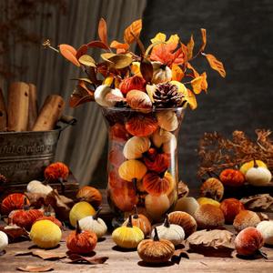 60 Pcs Mini Velvet Pumpkins Vase Filler 1 1/2" x 2" for Fall Home Decor Small Velvet Pumpkin Assorted Plush Terracotta Fabric Pumpkins for Fall Thanksgiving Home Decorations (Classic Color)
