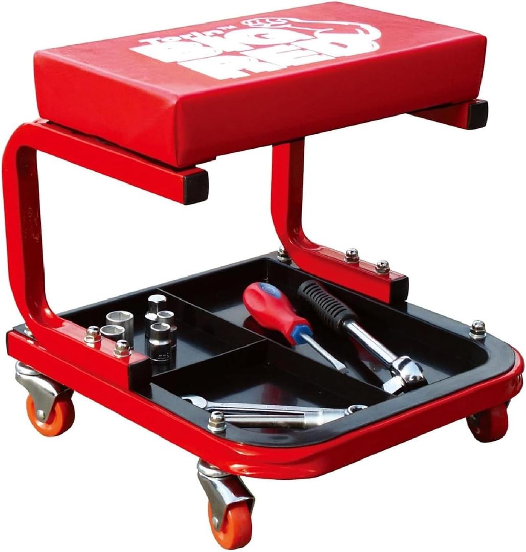 Torin TR6300 Red Rolling Creeper Garage/Shop Seat: Padded Mechanic Stool with Tool Tray Large (Medium)