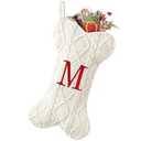 Malier Dog Christmas Stocking with Initials, Letter A Embroidered Knit Christmas Stocking for Dogs, White Large Bone Shape Xmas Pet Stockings Hanging Stocking for Dogs Cats Pets (White, Letter-M)