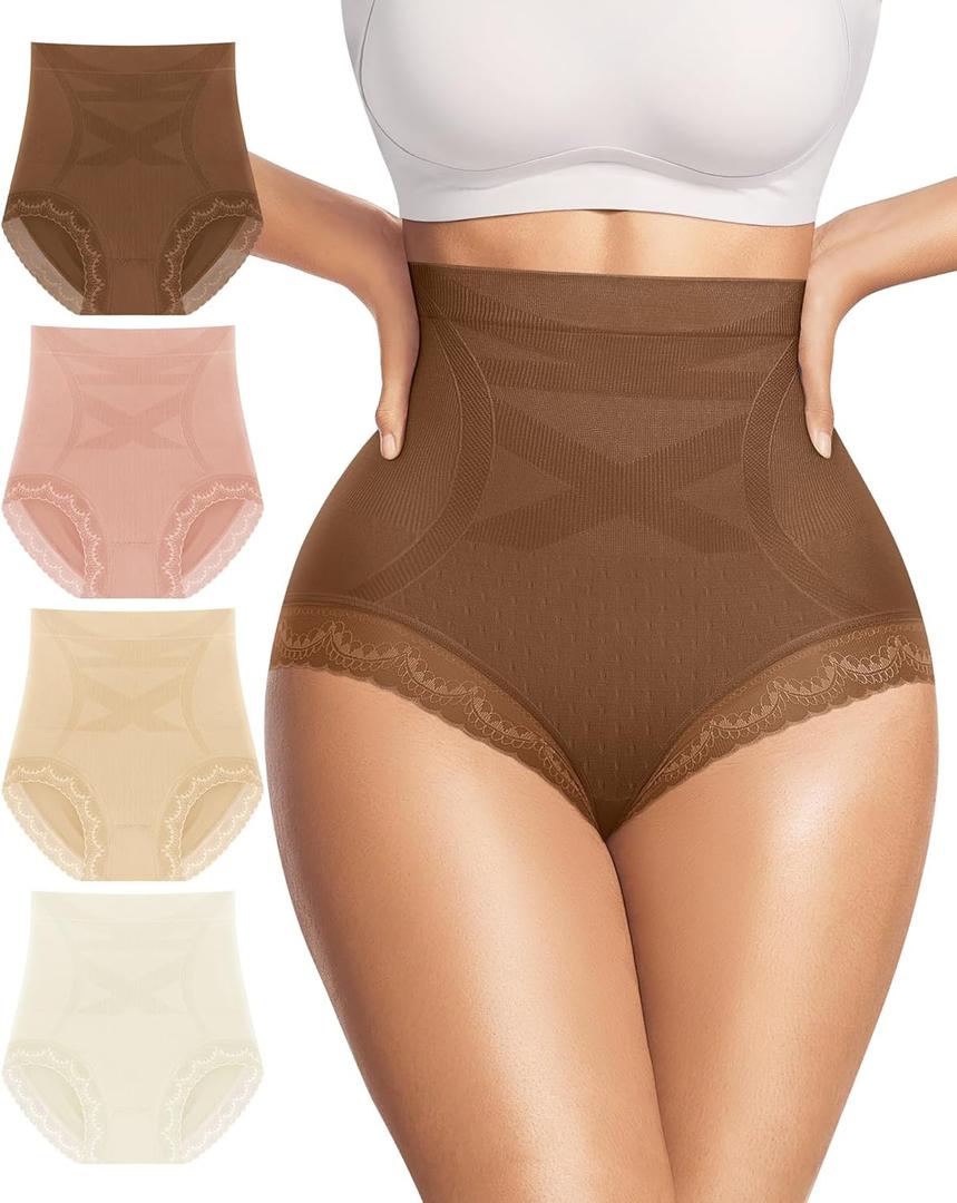Women's Underwear 4 Pack High Waisted Tummy Control Ladies Panties with Lace Comfortable Briefs Full Coverage (Large, Multicolor)