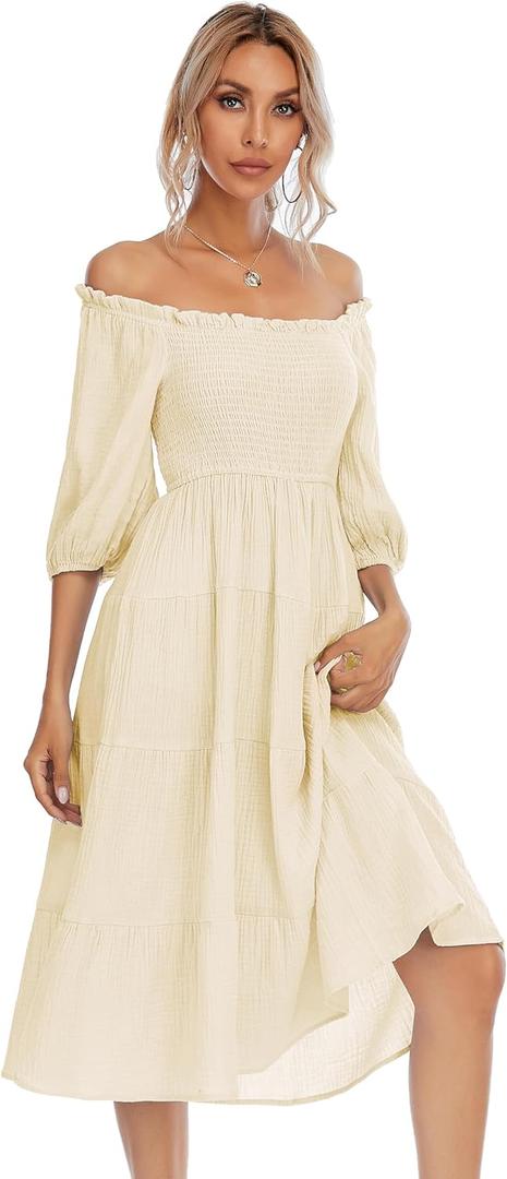 R.Vivimos Women's Summer Cotton Lantern Sleeves Ruffled Off Shoulder A-Line Midi Dresses (Beige) L