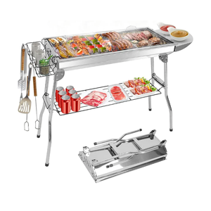 Portable Charcoal Grill, Large Stainless Steel Folding BBQ Grill, Foldable Barbecue Grill with Storage Shelf for Camping BBQ Garden Backyard Party Picnic Outdoor Cooking Kabob, 39x13.4x28 inch