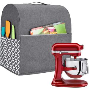 Yarwo Stand Mixer Cover Compatible with 6-8 Quart KitchenAid Mixer, Protective Dust Cover with Top Handle and Pockets for Accessories, Gray with Grid