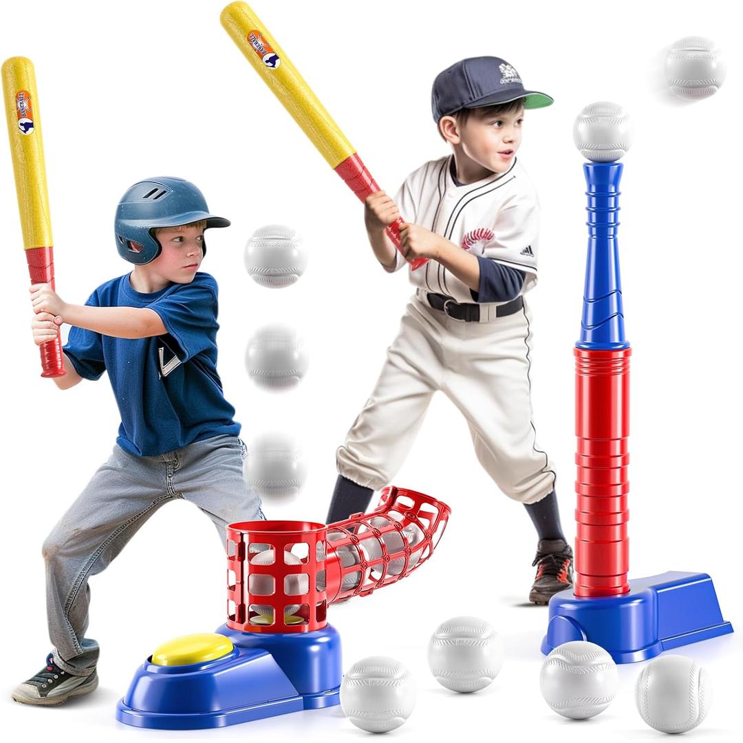 2 in 1 T Ball Sets for Kids 3-5,Tee Ball Set with 10 Balls,Step on Pitching Machine,Teeball Batting Tee,Baseball Toys Outdoor/Indoor Sport Toys Gift for 3 4 5 6 7 8 Year Old Kids Boys Girls
