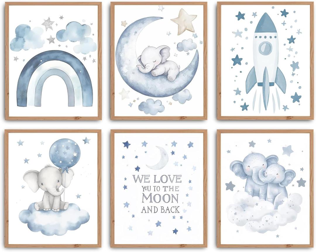 2 x Baby Elphant Nursery Decor, 8 X 10 Inch Blue Moon and Stars Nursery Art Prints Cute Elephant Poster Animal Picture for Bedroom (UNFRAMED) (Black)