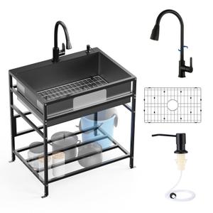 Black 30x22 Inch Freestanding Utility Sink-Stainless Steel Laundry Sink Practicality With Accessories Black Stainless Faucet,Soap Dispenser, SS Sink Grid For Laundry,Garage,Outdoor Kitchen,Garden...