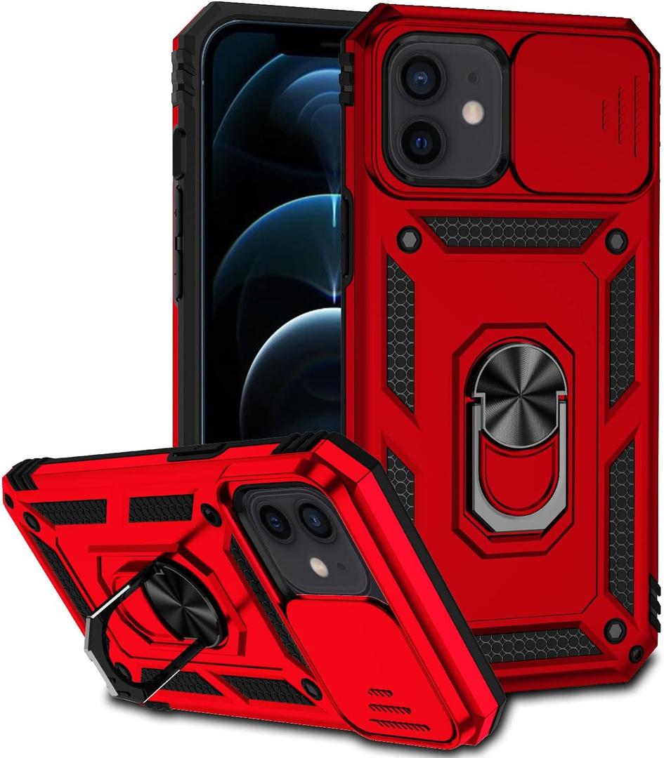 Phone Case for iPhone 12 with Camera Lens Cover HD Screen Protector,Military Grade Ring Car Mount Kickstand Hybrid Hard PC Soft TPU Shockproof Protective Red