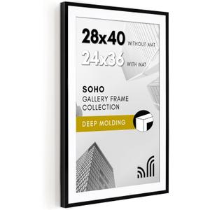 Americanflat 28x40 Poster Frame with Polished Plexiglass - Use as 24x36 Frame with Mat or Display 28x40 Photo Without Mat - Soho Collection - Deep Molding Picture Frames for Wall Display - Black