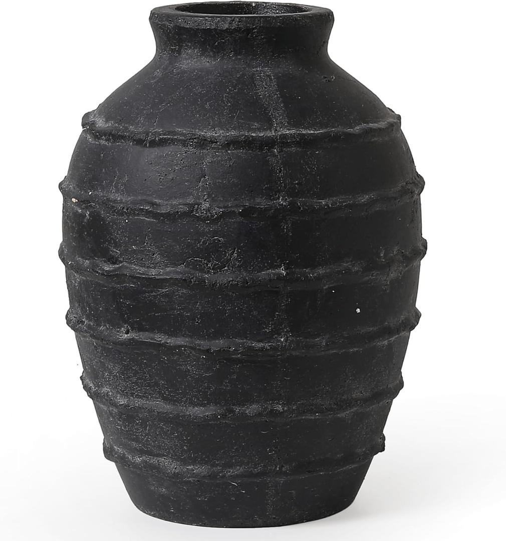 Kokrose Black Terracotta Vase, Black Vases Home Decor for Centerpieces, Large Vintage Rustic Flower Vase for Home Decor, Pottery Ceramic Vases, Table Top Fireplace Mantel Decor (11.2"H))